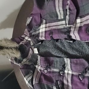 Women's purple hooded plaid jacket with fleece lining to stay warm
